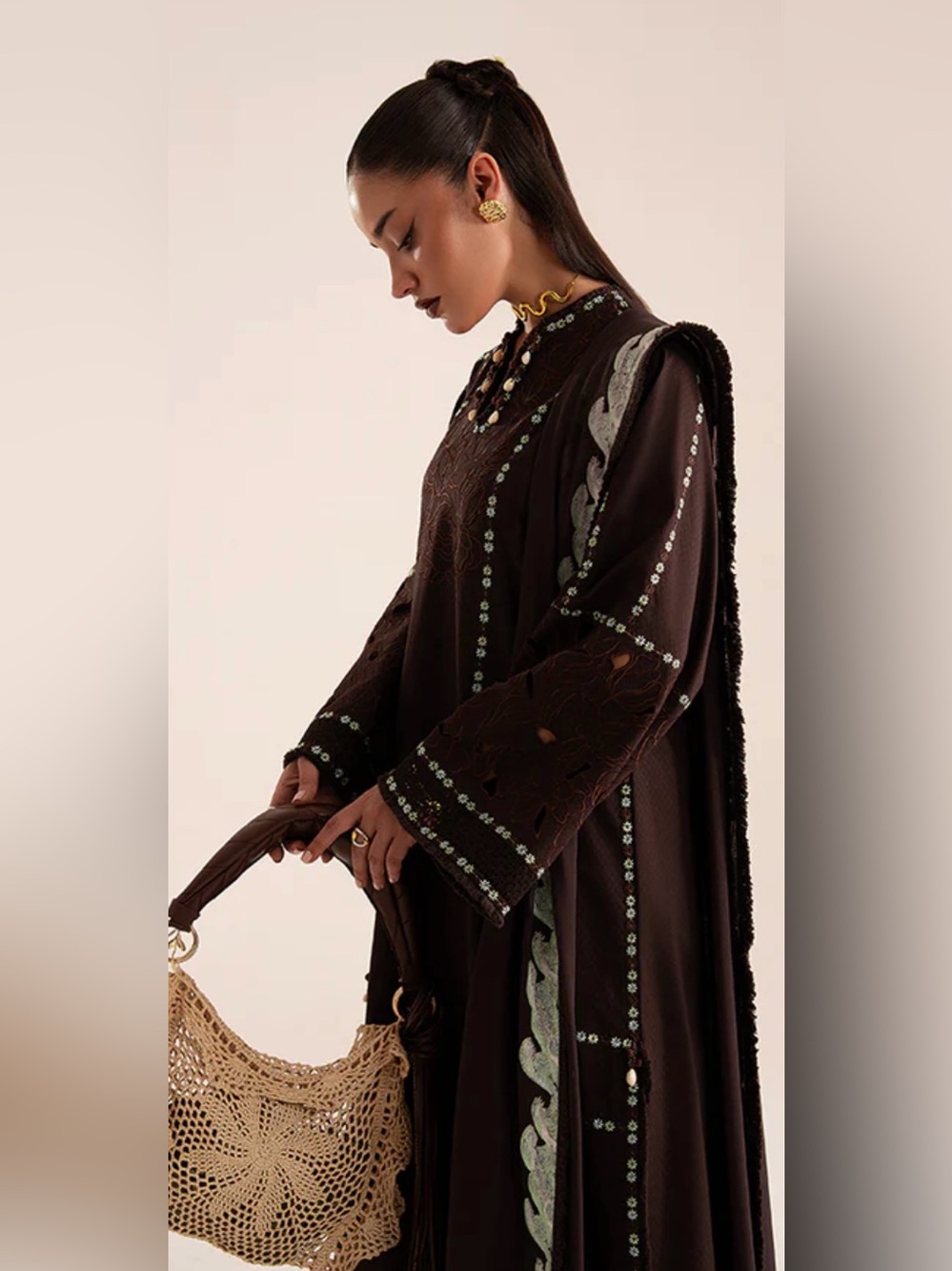 Embroidered Dark Brown Maxi Dress - Women's Long Sleeve - Picture 5 of 6